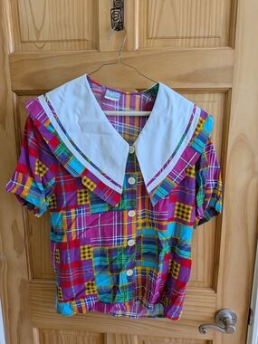 Vintage COMO Colorful Plaid Button-Front Top with Contrast Sailor Collar